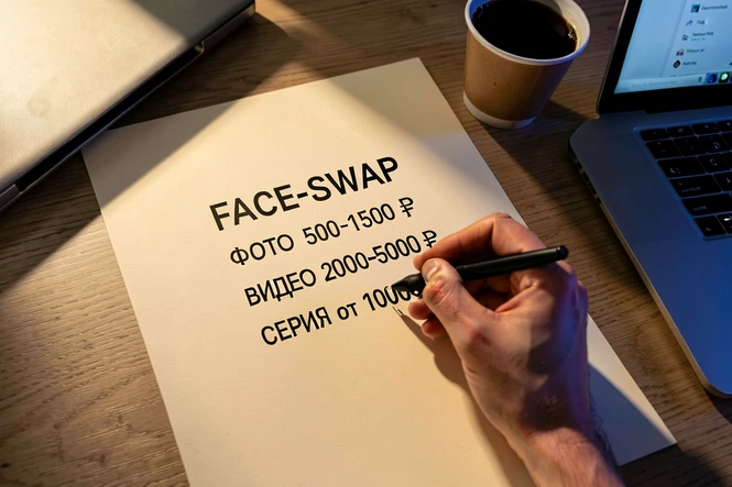 A close-up overhead shot of a freelancer's hand holding a black ballpoint pen above a neatly printed price list titled "FACE-SWAP" with three rows reading "ФОТО 500-1500 ₽", "ВИДЕО 2000-5000 ₽", "СЕРИЯ от 10000 ₽" in clean black sans-serif uppercase on cream paper, sitting on a matte oak desk beside a closed laptop and a cooled cup of black coffee. Soft warm window light from the upper left, slightly diffused, casts a long gentle shadow across the page; cool ambient bounce from the screen on the right. Quiet, focused, documentary photo atmosphere.