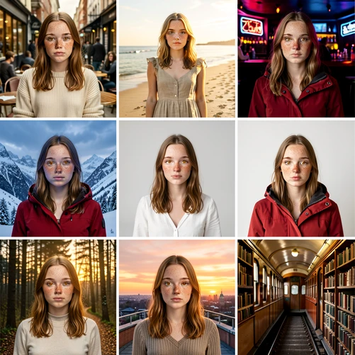 A tidy contact-sheet style grid of nine portrait thumbnails showing the same fictional young woman with identical facial features, freckles, and hazel eyes, posed across different scenes: a city cafe in a cream sweater, a sunlit beach in a linen dress, a neon-lit night bar, a snowy mountain in a red parka, a minimalist studio in white, a forest path at dawn, a rooftop at sunset, a library with books, and a vintage train car. Each thumbnail uses natural, scene-appropriate lighting – warm golden hour, cool blue twilight, soft overcast – that highlights consistent skin tone and bone structure across all nine frames. Calm, deliberate, editorial photography atmosphere.