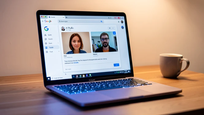 A laptop screen displaying the Google AI Studio interface during a face swap task, two uploaded photographs visible as thumbnails in the upload panel and an English text prompt typed into the input field directly below them. The browser sits on a tidy wooden desk with a coffee mug slightly out of focus. Cool blue screen glow lights the keyboard while warm room light fills the background, soft and even across the scene. Clean, modern, focused workspace atmosphere.