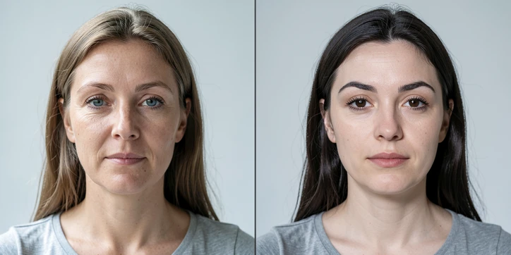 A side-by-side before-and-after comparison of a face swap, the left frame showing an original outdoor portrait of a woman and the right frame showing the same scene with a different person's face seamlessly substituted while the background stays identical. The two frames rest on a clean light-gray studio backdrop split by a thin vertical line. Soft diffused daylight from the upper left falls evenly across both faces, cool neutral temperature, gentle shadows under the chin. Crisp editorial clarity, calm and instructional mood.