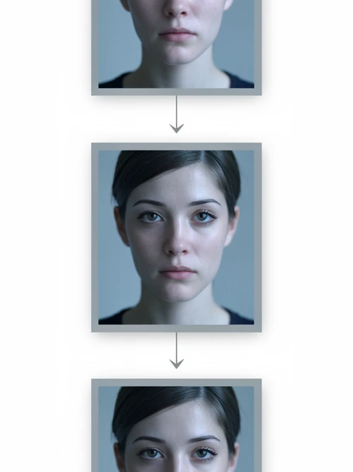 A vertical sequence of three portrait frames of the same AI-generated character, the top frame showing noticeable face drift with shifted proportions and a slightly different nose, the middle frame partly corrected, the bottom frame closely matching the intended reference. Thin gray arrows connect the frames downward on a soft white background. Even soft frontal lighting on each face, neutral cool tone, no harsh shadows anywhere. Analytical, tutorial-style mood with quiet precision.