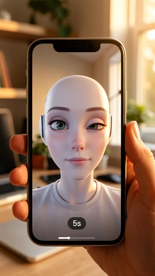 A smartphone held upright showing a short vertical video clip of an AI character looking straight into the camera, captured mid-blink as the animation plays. The phone is held against a softly blurred indoor background of a home workspace. A small progress bar reading "5s" sits at the bottom of the clip in white lowercase sans-serif text. Warm soft daylight from a window on the right falls gently across the screen and hand. Modern, casual content-creation mood.