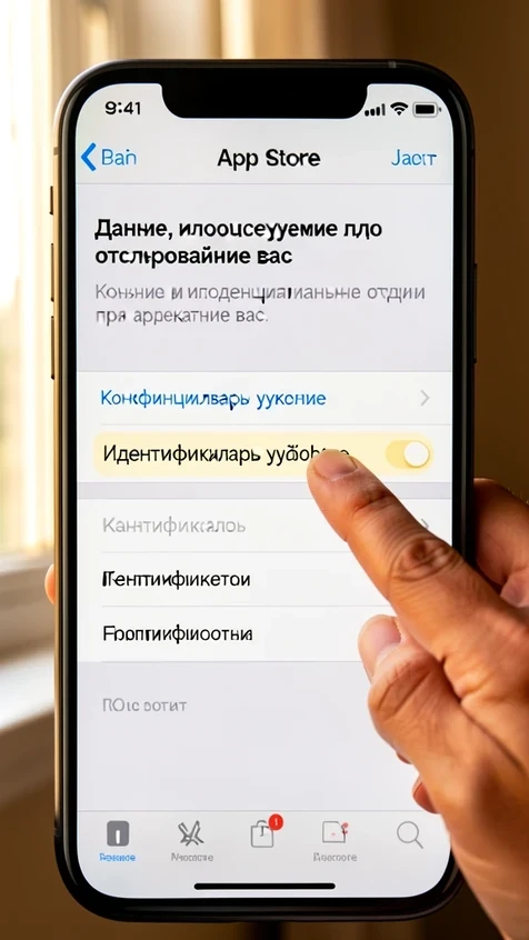 Скриншот раздела «Конфиденциальность приложения» на странице App Store, открытой на iPhone в вертикальной ориентации. Палец пользователя указывает на строку «Идентификаторы устройства», выделенную светло-жёлтым маркером. Над строкой чёрный заголовок «Данные, используемые для отслеживания вас». Экран занимает весь вертикальный кадр. Мягкий дневной свет из окна слева, тёплая цветовая температура, в верхнем углу дисплея лёгкий блик. Внимательная, слегка настороженная атмосфера.