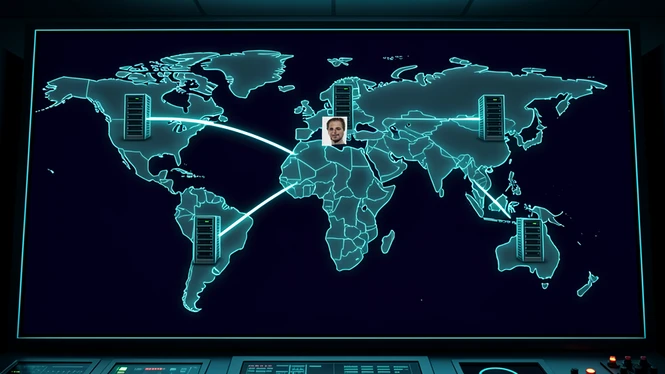 A stylized world map glows on a dark control-room screen, with bright thin lines linking several server-rack icons placed across different continents. A single small photo thumbnail of a face moves along one line and leaves a faint copy at each node it passes. Cool cyan light traces the routes against a deep navy background while crisp rim light edges the metal server icons. The atmosphere feels technical, cold, and quietly revealing.