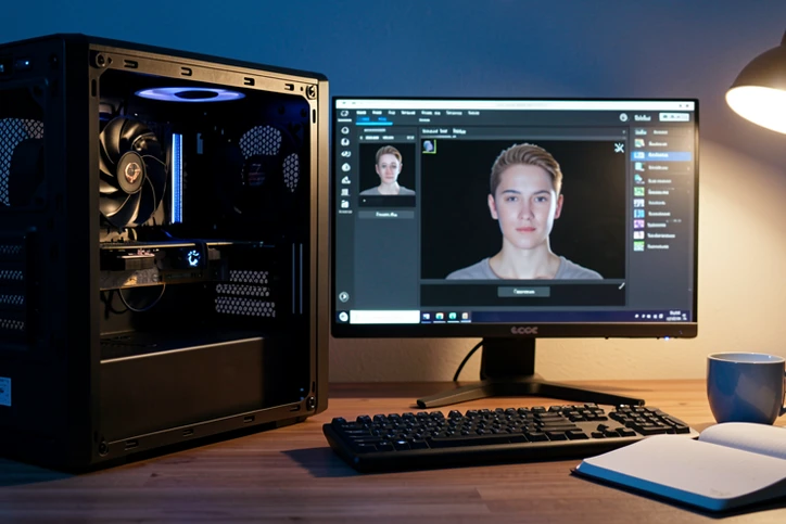 An open desktop computer tower stands on a wooden desk, its graphics card lit by a faint internal glow, while a nearby monitor shows a face swap interface processing a portrait. The network cable port sits visibly empty. A coffee mug and an open notebook rest beside the keyboard. Warm desk-lamp light from the right meets the cool blue glow of the screen on the desk surface. The mood is focused, private, and self-reliant.