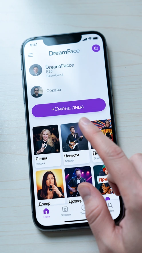 A smartphone screen displaying the DreamFace app main menu, with a user's thumb tapping the highlighted «Смена лица» button. Below the button a grid of video template thumbnails labelled Пение, Новости and Джокер fills the lower half of the screen. The phone rests on a plain pale wooden desk. Crisp rounded purple interface buttons and clear Cyrillic labels stay sharp. Soft diffused daylight falls from the upper left, cool white in tone, spreading an even gentle glow across the glossy display. Calm, instructional mood.