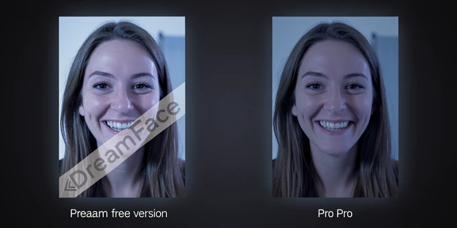 Two vertical video frames from DreamFace placed side by side, each containing the same face-swapped clip of a smiling person. The left frame carries a translucent diagonal «DreamFace» watermark across its lower corner, marking the free version. The right frame stays completely clean, marking the Pro version. A slim caption sits beneath each frame. The background is a plain dark studio surface. A soft frontal screen glow lights both frames, cool bluish in tone, leaving gentle reflections on the video surface. Practical, comparative mood.