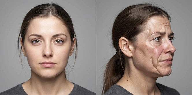 A side-by-side comparison of two face-swap results from the same person. On the left panel a clean frontal portrait produces a sharp, naturally blended face. On the right panel a three-quarter profile photo produces a distorted result with smeared features and broken skin transitions. A thin vertical divider splits the frame down the centre. The backdrop is a smooth neutral grey studio sweep. Even softbox lighting comes from the front, neutral in temperature, casting flat shadows that keep both panels equally readable. Clinical, comparative mood.