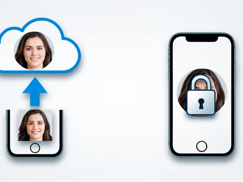 A clean infographic-style diagram contrasting two data paths for a single face photo. On one side a phone sends a portrait photo upward to a cloud server icon, with a small stored copy of the face visible inside the cloud. On the other side a phone keeps the photo inside its own outline behind a closed padlock, nothing leaving the device. The background is flat and uncluttered. Even soft studio lighting, a neutral cool white tone, crisp edges and gentle drop shadows under each element. Informative, reassuring atmosphere.