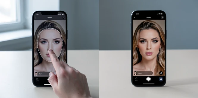 A split-screen smartphone comparison showing the same portrait photo processed two ways. On the left half a hand manually outlines a face cutout with a finger on the touchscreen, the dotted selection edges clearly visible. On the right half a finished AI face-swap result sits inside a video frame of a celebrity. Both phones rest on a plain light desk. Soft diffused daylight enters from a window on the left, cool neutral white balance, gentle shadows pooling under each device. Calm, instructional atmosphere.