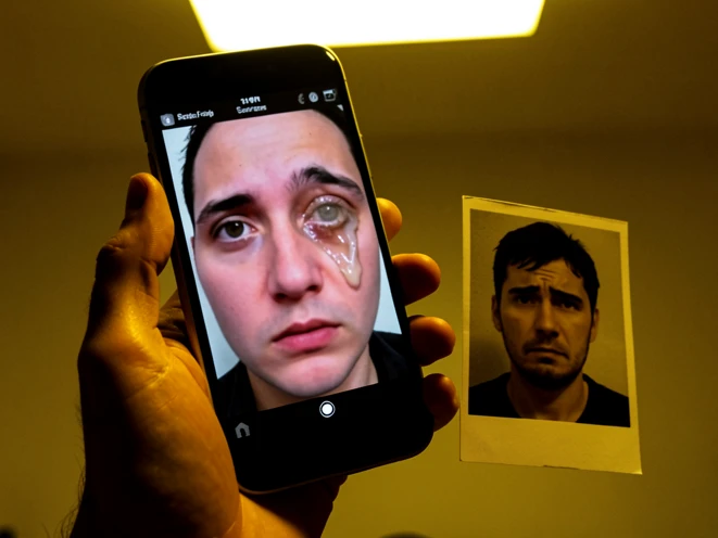 A smartphone held in one hand displaying a failed AI face-swap result, the swapped face showing visible distortion: blurred edges, mismatched skin tone and a smeared, melted eye region. Beside the phone lies a small printed low-resolution source photo for contrast. The setting is a dim indoor room. Harsh overhead artificial light casts hard shadows across the screen, a warm yellow tint dominates, exposure on the face is uneven. Frustrated, cautionary atmosphere.