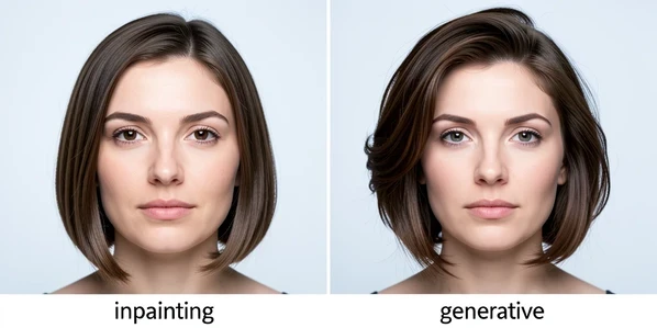 Side-by-side comparison of one woman's portrait processed two ways, presented as a split panel. On the left half the same face keeps identical eyes, nose and jawline with only a new bob haircut blended into the hairline, labeled "inpainting". On the right half the face is subtly different, slightly altered eye shape and cheekbones with a dramatic styled haircut, labeled "generative". Both panels sit on a clean studio backdrop. Soft frontal key light from a large softbox, neutral cool-white temperature, even illumination falling smoothly across both faces with gentle shadows under the chin. Calm, instructional, documentary atmosphere.