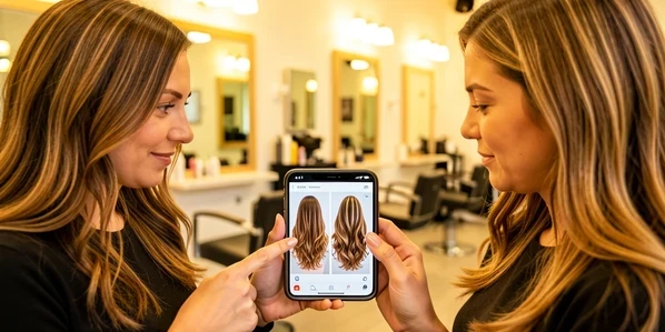 A hairdresser and a female client looking together at a smartphone held between them inside a bright salon. The phone screen shows a two-up image of the client's chosen hairstyle from front and back views. The client points at the back-view photo while the stylist nods. Salon mirrors and styling chairs blurred in the background. Warm tungsten salon lighting from overhead, soft and inviting, golden temperature reflecting off the mirrors, gentle highlights on hair and the phone screen. Collaborative, trusting, real-world atmosphere.