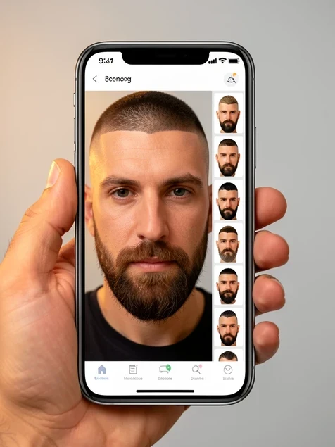 A man in his early thirties trying on a male grooming app, his frontal portrait shown on a phone screen with a clean undercut hairstyle and a medium full beard fitted to his face. Beside the screen a row of small thumbnail options shows alternative beard lengths. His real facial features, eyes and nose stay clearly recognizable. Plain light-grey background. Soft warm key light from the upper left, gentle and diffused, casting a mild shadow on the right cheek, slightly warm temperature giving natural skin tone. Practical, confident, everyday atmosphere.