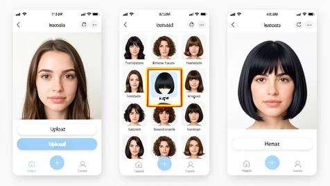 Three-step screenshot mockup of a hairstyle web app shown as a horizontal filmstrip. First frame shows a young woman's frontal selfie being uploaded into an upload box. Second frame shows a grid of hairstyle template thumbnails with a square "каре" bob option highlighted by a bright outline. Third frame shows the finished result: the same woman with a neat bob, her original dark hair color and face shape unchanged. Clean white app interface with rounded buttons. Soft even screen-lit glow, neutral white balance, flat shadowless lighting typical of a product UI capture. Crisp, friendly, tutorial atmosphere.