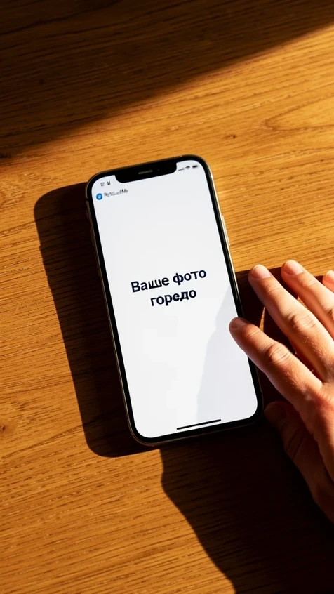 A smartphone lying face-up on a wooden table showing a single push notification card from the RetouchMe app, the card reading "Ваше фото готово" in bold dark sans-serif on a clean white background. A person's relaxed hand rests near the phone. Warm late-afternoon sunlight slants in from the right, casting a long soft shadow of the phone across the visible wood grain. Quiet, anticipatory everyday atmosphere.