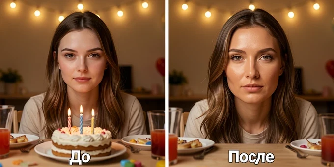 A side-by-side before-and-after of a single party portrait, the left half showing a young woman at a birthday table with her original face, the right half showing the identical photo where a designer has blended in a different person's face with matched skin tone and head angle. A thin white vertical divider splits the frame, with the small caption "До" on the left and "После" on the right in a clean bold sans-serif. Warm string-light glow from above casts soft shadows under the chin and natural skin tones. Realistic, polished editorial mood.