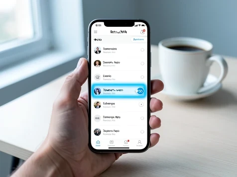 A smartphone held upright in one hand showing the RetouchMe app with the "Фото" category open, displaying a vertical scroll list of editing services where the row "Заменить лицо" is framed by a soft glowing blue rectangle and a small star badge reading "50" in white sans-serif. The phone rests near a tidy light desk with a blurred coffee cup behind it. Even cool daylight from a window on the left falls softly across the screen with no glare. Calm, instructional atmosphere.