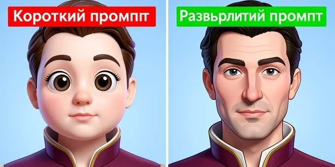 A two-panel comparison of the same man stylized as a Disney prince. The left panel shows a failed result with an oversized head, huge childlike eyes, plastic skin, and proportions collapsed into a doll. The right panel shows the corrected version with natural adult proportions and a recognizable nose and jaw. A vertical split divides them, with a red label 'Короткий промпт' over the left and a green label 'Развёрнутый промпт' over the right, both in bold sans-serif. Flat even studio light, slightly cool, exposes every flaw. Instructional, clinical mood.