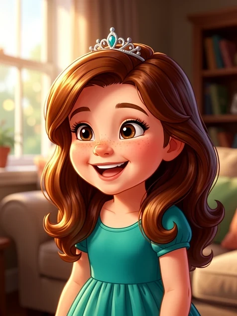 A smiling seven-year-old girl restyled as a Disney animated heroine, her own round face and freckles preserved while her hair becomes glossy cartoon waves. She glances slightly off-camera mid-laugh. A cozy living room blurs behind her with a soft bokeh window. Fine details include a small tiara, a teal dress, and large expressive eyes that still match the real child. Warm afternoon light from a side window, soft and diffused, wraps her cheek in gentle highlights. Tender, storybook atmosphere.