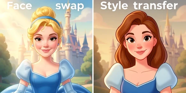 A side-by-side comparison of one young woman transformed two ways. On the left her real face sits inside a Cinderella template, blended onto a blue ballgown against a castle backdrop. On the right the whole photo is repainted in Disney animation style, keeping her own hair and shoulders as soft cartoon. A thin vertical divider splits the frame, with white sans-serif labels 'Face swap' and 'Style transfer' in the top corners. Soft warm daylight from the upper left falls evenly across both faces. Bright, magazine-clean mood.