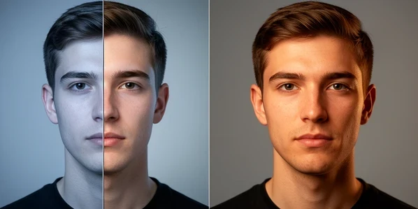 A split-frame comparison of one young man's face, the left half a flat cut-and-paste face swap with a mismatched neck and a visible hairline seam, the right half a fully generated studio headshot with matching skin and collar. The two halves meet along a thin vertical divider in a neutral grey studio. A soft diffused key light from the upper left falls evenly across both faces, cooler on the left and warmer on the right, exposing the texture gap between them. Clean editorial comparison style.