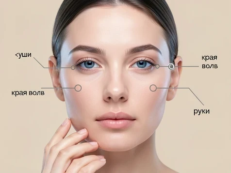 A close-up annotated portrait of a woman's AI-generated face with three small circular markers ringing the trouble spots: the rim of one ear, the edge of the hairline, and a hand resting near the chin. Thin grey label lines lead to short captions reading «уши», «края волос» and «руки» in a small sans-serif font. Set on a soft beige background. Even, slightly cool frontal light falls flat to expose the smoothing along the skin edges. Clean instructional diagram style.