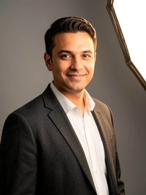 A confident freelancer in a charcoal blazer over a white shirt, facing the camera with a relaxed half-smile, framed from the chest up. Set against a smooth neutral grey backdrop like a corporate headshot booth. A large softbox key light from the front-right wraps the face while a gentle fill on the left lifts the shadows, the tone warm and balanced. Polished, trustworthy LinkedIn profile aesthetic.