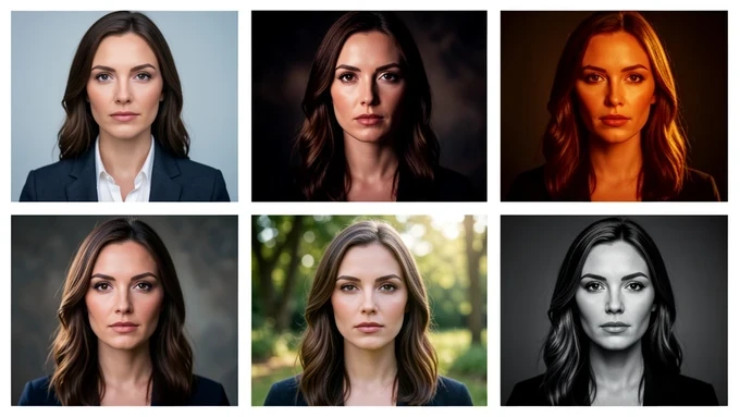 A contact-sheet grid of six headshots of the same woman, each rendered in a different style ranging from crisp business to cinematic drama, soft beauty, natural outdoor and studio black-and-white, every cell keeping identical facial features. Arranged in two tidy rows. Each frame is lit differently, from soft frontal softbox to hard side rim light, the colour temperature drifting cool to warm across the sheet. Professional acting-portfolio presentation style.