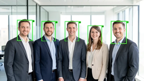 A wide corporate group photo of six colleagues standing shoulder to shoulder, each face framed by a thin neon-green detection rectangle with a small numbered tag in its corner. Set in a bright modern office with blurred glass partitions behind them. Crisp facial features, soft even daylight pouring frontally from large windows onto every face with no harsh shadows. Clean, technical, screenshot-like atmosphere.
