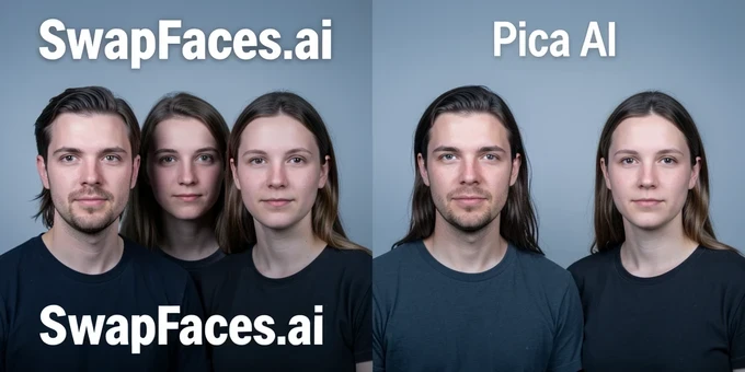 Two versions of the same group photo of three friends placed side by side, the left half labeled "SwapFaces.ai" in bold white uppercase showing all three faces cleanly swapped in sharp HD, the right half labeled "Pica AI" with only the first face changed and the other two left untouched. Plain studio backdrop, soft frontal key light, cool neutral color, even exposure across both halves. Analytical, comparative mood.