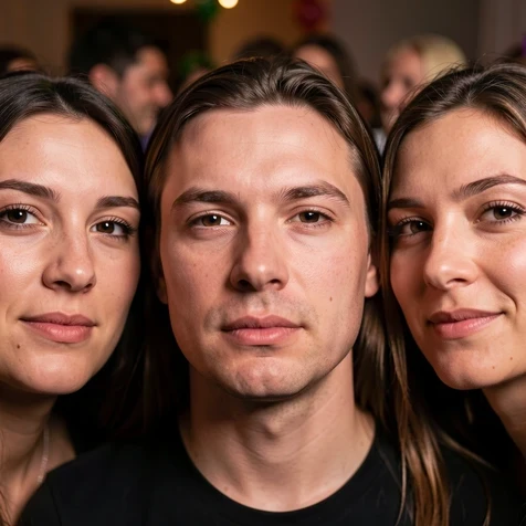 A tight crop of one swapped face inside a group photo, showing a visible seam and slight blur along the jawline and hairline where the new face fails to blend, while the neighboring faces stay sharp and natural. Softly blurred indoor party background behind. Hard side light from the right exaggerates the mismatched skin tone on the edited face. Cautionary, diagnostic mood.