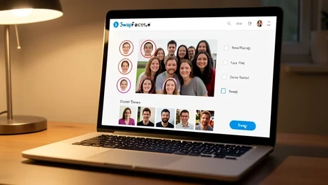 A laptop screen showing the SwapFaces.ai multiple face swap page, a group photo loaded in the center with each detected face outlined and a checkbox beside it, a row of small donor portrait thumbnails uploading along the bottom edge, and a blue "Swap" button at the lower right. Indoor desk setting, soft warm lamp light grazing the keyboard from the upper left, calm and focused atmosphere.