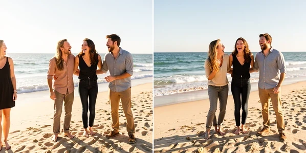 A split before-and-after photo of four friends standing on a sunny beach, the left half missing one person and the right half showing him seamlessly added on the far right. The group laughs and leans together near the shoreline. Fine sand, gentle waves and a clear sky fill the background. Skin tones and shadows match across both halves. Warm late-afternoon sunlight rakes in from the left, casting soft consistent shadows on the sand. Natural, believable, editorial documentary feel.
