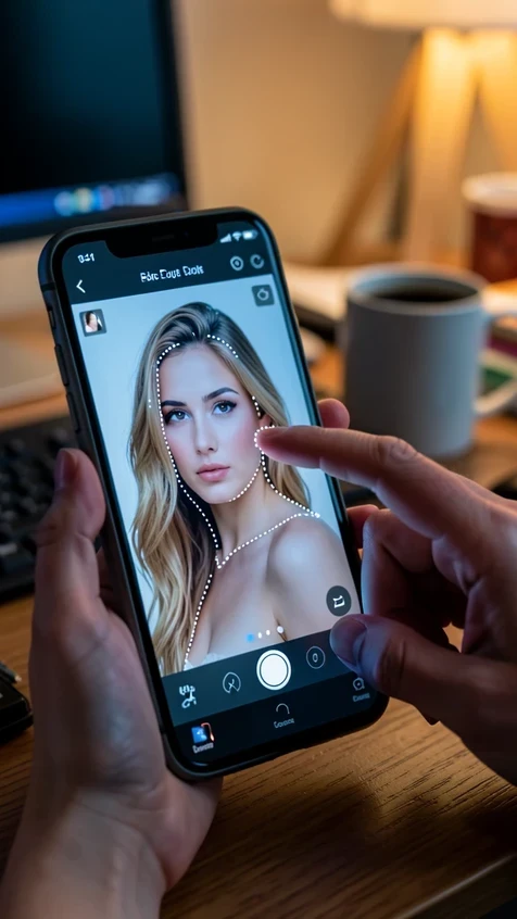 A person's hand holding a smartphone, the index finger slowly tracing the outline of a woman cut from a photo inside a face-editing app. The screen shows a zoomed-in portrait with a dotted selection following her shoulder and hair. A cluttered desk with a coffee mug sits softly blurred behind the phone. Cool even screen light glows on the fingertip while warm room light fills the background. Focused, hands-on, instructional mobile mood.