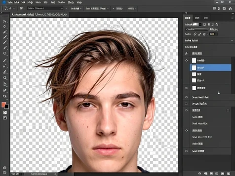A close-up of the Photoshop Select and Mask workspace refining the wispy hair edges of a young man cut against a transparent checkerboard background. The Refine Edge brush sweeps along flyaway strands while the properties panel shows the Smart Radius slider raised. Loose strands separate cleanly from the old background. Flat neutral monitor light evenly illuminates the interface with no glare. Precise, technical, screen-capture clarity.