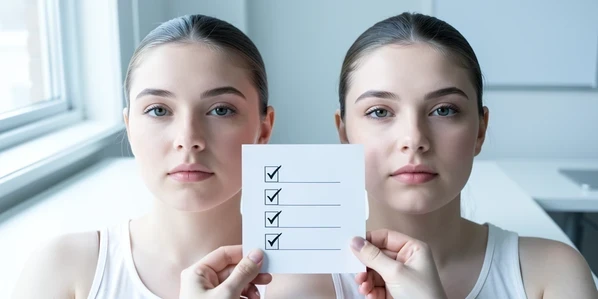 Two portrait photographs of the same young woman lying side by side on a white desk, both shot in clean front-facing anfas with hair pulled back from the brows and lips. A hand holds a small paper checklist over them with four ticked boxes. Soft diffused daylight from a large window on the left falls evenly across both faces, casting matching gentle shadows on the right cheek of each. Cool neutral white balance, calm and tidy workspace atmosphere.