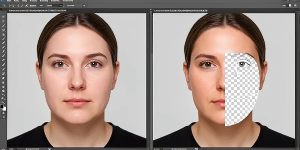 A side-by-side comparison of one portrait rendered twice on a Photoshop canvas. On the left the swapped face blends cleanly into the head with seamless skin. On the right the same head shows a hollow transparent gap where the face should be, revealing the checkerboard alpha pattern underneath. A thin vertical divider separates the two states. Neutral flat editor lighting, crisp interface, instructive cautionary tone with the right side clearly reading as the mistake.