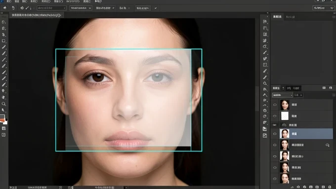 A Photoshop canvas close-up showing a semi-transparent cut-out face layer hovering over a base portrait, the upper layer dropped to roughly thirty percent opacity so both pairs of eyes and both mouths are visible at once and nearly aligned. A cursor drags the floating layer slightly to register the pupils. Flat even screen glow lights the interface, thin cyan transform handles frame the face, the layers panel sits at the right edge. Focused, precise editing mood.