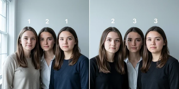 A side-by-side before-and-after of a group photo showing four friends standing close together, on the left their original faces and on the right the same pose with three faces swapped while one person stays unchanged. Set against a plain light-gray studio wall. Each swapped face carries a small numbered tag reading "1", "2", "3" in clean white sans-serif. Soft even frontal light from a large window on the left, neutral cool-white temperature, falling smoothly across skin with no harsh shadows. Calm, instructional mood.