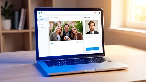 A laptop screen displaying a face-swap web tool mid-task, with a group photo of three people loaded in the main canvas and a single target portrait thumbnail in a side panel. A bright blue button labeled "Создать" sits at the bottom right. The laptop rests on a light wooden desk in a tidy home office. Crisp screen glow acts as the key light, a cool blue cast falls on the keyboard, warm soft daylight fills the room from the right. Focused, modern workflow atmosphere.