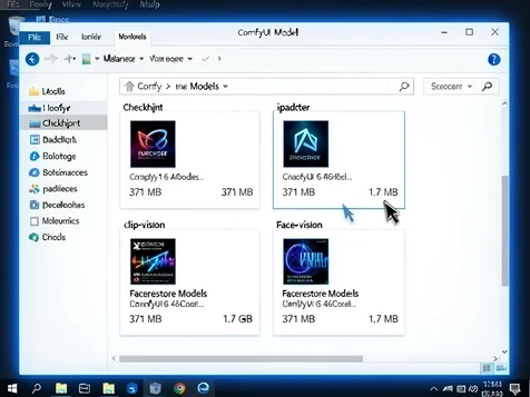 A file manager window open on the ComfyUI models directory, showing four labeled subfolders named checkpoint, ipadapter, clip_vision and facerestore_models, each containing one model file with its size displayed beside it like "371 MB" and "1.7 GB". A cursor hovers over the ipadapter folder. Cool blue-white screen glow lights the interface from the front, crisp even illumination, no glare. Clean technical desktop atmosphere, sharp readable filenames.