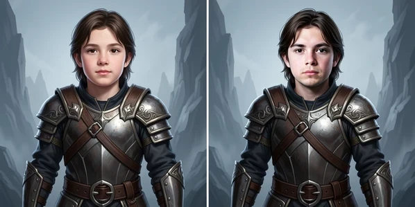 A single SDXL fantasy character illustration shown twice in a side-by-side comparison, the same young warrior with identical pose and background but two different face results. The left version blends the donor face smoothly into the painted style, the right version shows a sharper photographic face pasted over the artwork. A studio softbox lights both frames evenly from the upper left, cool neutral temperature, soft shadows under the chin revealing the texture difference between the two methods. Clean tutorial mood, balanced contrast.