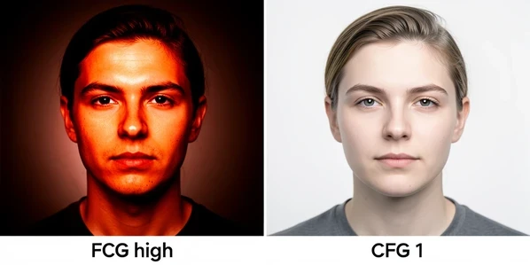 Two versions of the same SDXL character portrait placed side by side, the left one oversaturated and harsh with blown-out highlights and crushed shadows labeled "CFG high", the right one balanced and natural labeled "CFG 1". Even frontal studio lighting, neutral white temperature, soft falloff that makes the contrast difference obvious between the burnt frame and the clean frame. Instructional comparison mood, the burnt side visibly aggressive, the corrected side calm and readable.