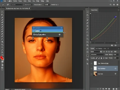 A Photoshop workspace screenshot focused on the layers panel, showing a Curves adjustment layer and a Hue/Saturation layer stacked above a face layer, each marked with a small downward clipping-mask arrow indicating they affect only the face below. The main canvas holds a portrait whose face tone is being warmed to match the neck. Even editorial screen glow lights the flat grey interface, the curve graph visible in an open properties panel on the right.