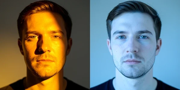 Two identical portraits of a man arranged side by side to compare lighting temperature, the left lit by a warm tungsten source casting golden tones across his cheek and the right lit by cool daylight from a window turning the same skin pale and bluish. Both faces share the same pose against a soft grey wall. The directional key light rakes from the left at a low angle in both frames, hard-edged shadows on one side of the nose, making the temperature shift on the skin obvious.