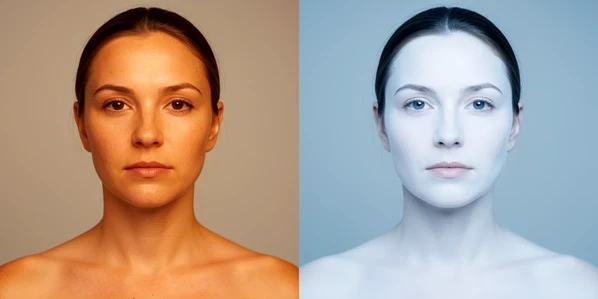 A split before-and-after portrait of the same woman placed side by side at identical scale, the left frame showing natural warm skin that matches her neck and the right frame showing a noticeably paler face that sits lighter than the neck and shoulders like a mask. Both images sit on a plain neutral studio backdrop. Soft diffused frontal light falls evenly from a large softbox at camera height, cool and clinical on the right half, warm on the left, revealing the tonal mismatch across the jaw and neckline.