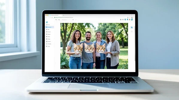 A laptop screen displaying the PhotoCat face swap editor mid-process, swapping four faces at once on a group photo of friends standing together outdoors. The cursor hovers over one selected face inside a browser window with a clean light toolbar on the left. Soft daytime window light comes from the upper left, cool and even, falling gently across the keyboard and casting a faint shadow under the laptop. Calm, focused workspace atmosphere.