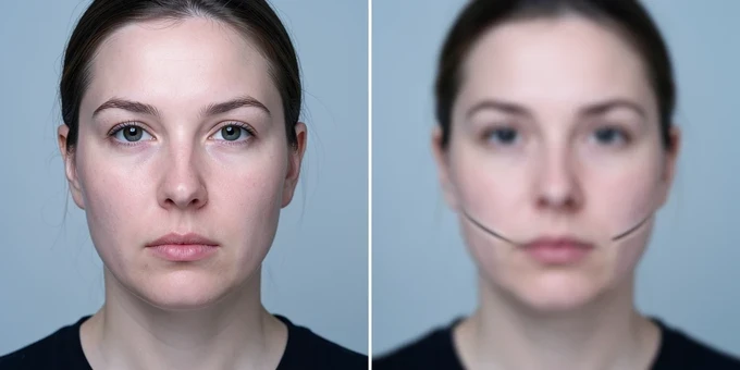Two portrait photos placed side by side for a before-after comparison of face swap quality, the left frame sharp and evenly lit with a clean blended jawline, the right frame visibly soft and blurry with a faint seam along the cheek where the swapped face does not match. A thin vertical divider separates them. Soft frontal studio light, neutral cool temperature, falling flat across both faces to expose the difference. Analytical, documentary mood.