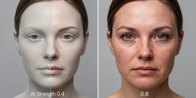 Side-by-side portrait comparison of the same woman's face, left half rendered flat and waxy with smoothed plastic-like skin and dull color, right half showing realistic skin texture, fine pores and natural catchlights in the eyes. A thin vertical divider splits the two halves, small caption "AI Strength 0.4" on the left and "0.8" on the right in plain white sans-serif lowercase. Even soft studio light from the front, neutral grey backdrop, clinical comparison atmosphere, sharp documentary clarity.